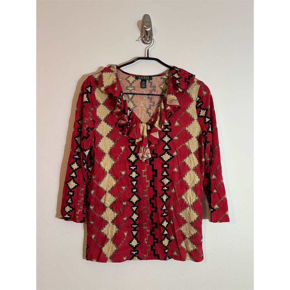 Lauren Ralph Lauren Blouse Womens L Aztec Geometric Ruffle V-Neck